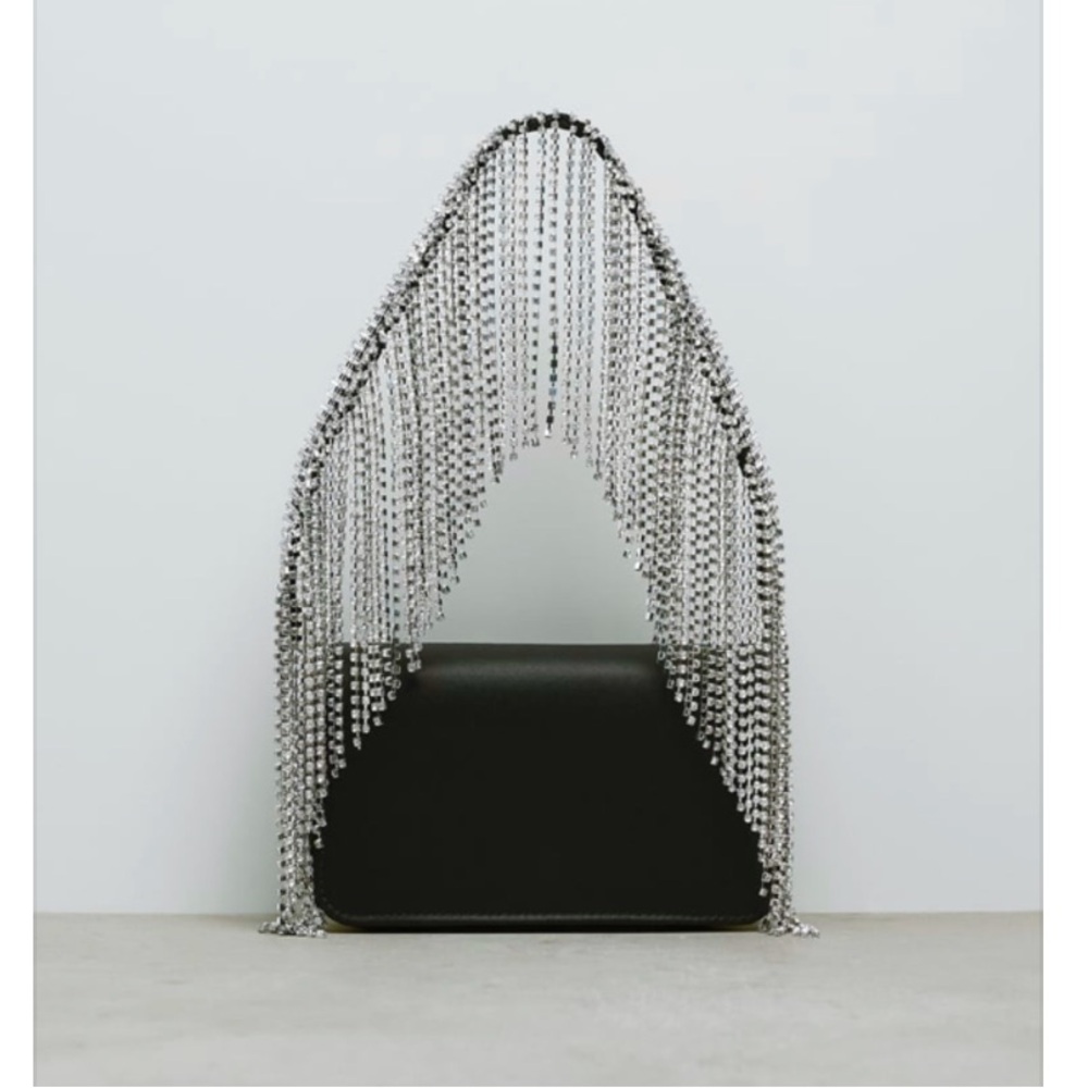 NEW ZARA JEWEL FRINGE BLACK SATIN BAG